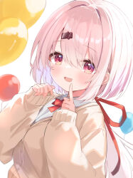 1girl balloon blush bow bowtie cardigan hair_ornament hairclip highres looking_at_viewer nijisanji open_mouth pink_eyes pink_hair red_bow red_bowtie red_ribbon ribbon shiina_yuika shiina_yuika_(1st_costume) shirt solo virtual_youtuber white_shirt yatani_row