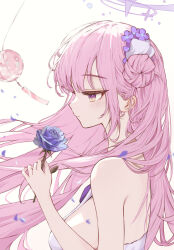 1girl absurdres bare_shoulders blue_archive blue_flower blue_rose breasts closed_mouth commentary dress expressionless flower hair_bun hair_flower hair_ornament hair_ribbon halo highres holding holding_flower large_breasts long_hair mika_(blue_archive) multicolored_eyes pink_eyes pink_hair pink_halo rainer7278 ribbon rose simple_background single_side_bun solo two-tone_eyes white_background white_dress white_ribbon wind_chime yellow_eyes
