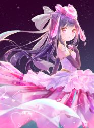 1girl black_gloves black_hair blush bow closed_mouth commentary_request crystal dated diancie dress elbow_gloves female_focus gen_6_pokemon gloves hair_bow highres humanization legendary_pokemon long_hair looking_at_viewer looking_to_the_side mythical_pokemon night night_sky nintendo peas_(peas0125) pink_dress pokemon red_eyes signature sky smile solo star_(sky) starry_sky strapless strapless_dress very_long_hair white_bow