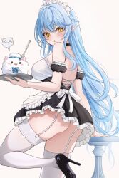 1girl 7nopi absurdres ahoge alternate_costume apron arm_support ass_peek back_bow backless_dress backless_outfit bare_shoulders black_choker black_dress black_shoes blue_hair blush bow breasts choker commentary_request cross-laced_clothes cross-laced_dress detached_sleeves dress elf enmaided fork frilled_apron frilled_dress frilled_sleeves frills from_behind garter_straps hair_between_eyes half_up_braid heart heart_ahoge high_heels highres holding holding_tray hololive layered_skirt leg_up long_hair looking_at_viewer looking_back maid maid_apron maid_headdress median_furrow miniskirt parted_lips pointy_ears puffy_detached_sleeves puffy_sleeves shoes simple_background skirt solo thigh_peek thighhighs tray virtual_youtuber waist_apron white_apron white_background white_thighhighs yellow_eyes yukihana_lamy yukimin_(yukihana_lamy)