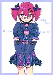 1girl :&lt; alternate_costume avocado_hamburg bandaid bandaid_on_face bandaid_on_nose black_bow black_dress black_sleeves blush bow detached_sleeves dress drill_hair feet_out_of_frame flat_chest frilled_sleeves frills hair_between_eyes hair_bow hashtag-only_commentary heart kasane_teto layered_dress looking_at_viewer purple_eyes red_eyes red_hair short_sleeves simple_background solo straight-on twin_drills utau white_background