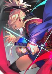 1girl absurdres bare_shoulders blue_kimono fate/grand_order fate_(series) from_behind green_eyes high_ponytail highres hiro_(hirohiro_gorira) holding holding_sword holding_weapon japanese_clothes katana kimono looking_at_viewer miyamoto_musashi_(fate) pink_hair ponytail solo sword weapon