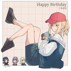 1girl ave_mujica_(bang_dream!) bang_dream! bang_dream!_it&#039;s_mygo!!!!! baseball_cap black_shoes blue_jacket blue_skirt blush character_doll character_name closed_mouth commentary doll hair_between_eyes happy_birthday hat highres jacket misumi_uika nanami_(nunnun_0410) ponytail purple_eyes red_hat school_uniform shirt shoes short_ponytail sidelocks skirt spoilers sumimi_(bang_dream!) sumita_mana togawa_sakiko translated tsukinomori_school_uniform white_shirt yahata_umiri yuutenji_nyamu