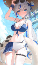 Rule 34 | 1girl, :3, absurdres, aokumo rin, arm up, bare shoulders, bikini, black choker, blue bikini, blue eyes, bow, breasts, choker, cleavage, closed mouth, cowboy shot, eyewear on head, frilled bikini, frills, front-tie bikini top, front-tie top, gluteal fold, hair bow, hair rings, hashtag-only commentary, hat, highres, innertube, large breasts, long hair, looking at viewer, mismatched bikini, multicolored hair, navel, outdoors, ponytail, poppo myupunk98, scrunchie, skindentation, smile, solo, standing, stellive, stomach, straw hat, streaked hair, string bikini, sunglasses, swim ring, swimsuit, thigh strap, two-tone hair, very long hair, virtual youtuber, wet, white bikini, white hair, wrist scrunchie