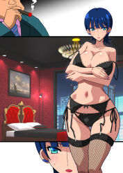 1boy 1girl arms_under_breasts bare_shoulders black_bra black_garter_belt black_garter_straps black_panties blue_eyes blue_hair bra breasts cigar cleavage commentary_request cowboy_shot double_strap_slip earrings fingernails fishnet_thighhighs fishnets garter_belt garter_straps gundam gundam_gquuuuuux highres indoors jewelry large_breasts lipstick makeup mature_female narrow_waist navel old old_man panties pink_nails raisuta sharp_fingernails shiny_skin short_hair side-tie_panties stomach tamaki_yuzuriha teardrop thigh_gap thighhighs underwear underwear_only