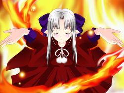 1girl blue_bow blush bow closed_eyes commentary_request dress fire grey_hair half_updo long_hair m.u.g.e.n melty_blood otokonooyatu pointy_ears pom_pom_(clothes) pyrokinesis red_dress red_len skirt solo tsukihime very_long_hair white_hair