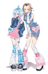 2girls absurdres arm_warmers asymmetrical_legwear bag bandaid bandaid_on_leg black_hair black_nails black_shoes blonde_hair blue_bag blue_dress blue_eyes blue_jacket blue_socks boots bow braid choker closed_mouth commentary_request contrapposto curtained_hair denim denim_dress denim_jacket dress dress_bow fingernails frilled_dress frills full_body fur_boots green_eyes hair_bow hair_ornament hairband hairclip hand_on_own_thigh hand_up heart heart-shaped_bag heart_choker heart_hair_ornament heart_print highres hololive hololive_dev_is hunched_over jacket klai knees_together_feet_apart koganei_niko light_blush lightning_ahoge long_fingernails looking_at_viewer loose_socks mizumiya_su multicolored_hair multiple_girls nail_polish off_shoulder over-kneehighs pink_bag pink_bow pink_dress pink_hairband pink_socks plaid_clothes plaid_socks platform_shoes shadow shoes short_dress shoulder_bag side-by-side signature simple_background single_sleeve_past_fingers sleeveless sleeveless_dress slit_pupils socks socks_over_kneehighs thighhighs tiger twin_braids two-tone_hair uneven_legwear virtual_youtuber w white_arm_warmers white_background white_boots white_socks y2k_fashion