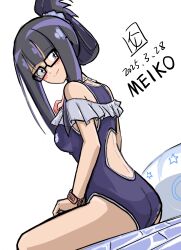 Rule 34 | 1girl, absurdres, ass, back cutout, black hair, blunt bangs, blush, breasts, clothing cutout, digimon, digimon adventure tri., female focus, glasses, highres, long hair, looking at viewer, looking back, mochizuki meiko, one-piece swimsuit, ph6xeivbgpimggg, ponytail, sidelocks, small breasts, smile, solo, swimsuit