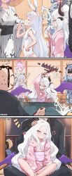 Rule 34 | 1boy, 5girls, absurdres, ahoge, ako (blue archive), bath yukata, blonde hair, blue archive, blue hair, blue halo, blush, breasts, cherino (blue archive), cherino (hot spring) (blue archive), collarbone, demon girl, demon horns, demon wings, doodle sensei (blue archive), fake facial hair, fake mustache, grey kimono, hair between eyes, halo, highres, hina (blue archive), horns, japanese clothes, kimono, large breasts, long hair, long sleeves, multiple girls, multiple horns, nekoya (liu), nodoka (blue archive), nodoka (hot spring) (blue archive), obi, official alternate costume, one-piece swimsuit, open mouth, paddle, parted bangs, pink hair, pink kimono, purple eyes, sash, school swimsuit, sensei (blue archive), smile, swimsuit, table tennis, table tennis paddle, timestamp, tomoe (blue archive), translated, very long hair, white hair, white one-piece swimsuit, wings, yukata