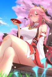 1girl absurdres animal_ears blue_sky blush breasts cherry_blossoms commentary crossed_legs day detached_sleeves earrings fox_ears genshin_impact hair_between_eyes hair_ornament highres holding holding_plate jewelry large_breasts long_hair looking_at_viewer nontraditional_miko parted_lips pink_hair plate purple_eyes sideboob sitting sky solo vic_1223 white_sleeves wide_sleeves yae_miko