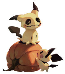 :d black_eyes bluekomadori commentary creatures_(company) english_commentary eye_contact game_freak gen_2_pokemon gen_7_pokemon highres looking_at_another mimikyu nintendo no_humans open_mouth pichu pokemon pokemon_(creature) pumpkin smile tongue white_background