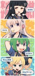 4girls akechi_kokoro arms_behind_head black_hair blonde_hair blue_eyes blunt_bangs brown_eyes candy fang food green_hair grey_hair hair_ornament hairclip hasegawa_hirano headphones highres holding holding_candy holding_food holding_lollipop jewelry lollipop multiple_girls necklace necktie open_mouth purple_eyes red_necktie school_uniform short_hair sidelocks sleeves_rolled_up smile tantei_opera_milky_holmes tooyama_saku translation_request tsunoji twintails zenigata_tsugiko