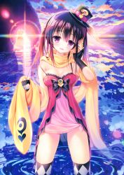 10s 1girl :d ? absurdres argyle_clothes argyle_thighhighs black_gloves black_hair blush breasts breasts_apart cloud dress female_focus fingerless_gloves gloves hat hatena_illusion head_tilt highres holding hoshisato_kana lens_flare long_hair looking_at_viewer mini_hat mini_top_hat open_mouth outdoors over-kneehighs pink_dress pink_eyes red_dress reflection ripples scan scarf seashell shell shirt single_wing smile solo spaghetti_strap strap_slip sunlight sunset thighhighs tied_shirt top_hat twintails wading water wings youta zettai_ryouiki
