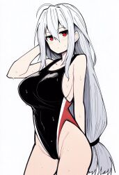 1girl alternate_costume arknights arm_behind_back arm_behind_head arm_up black_one-piece_swimsuit black_outline blush breasts closed_mouth commentary contrapposto cowboy_shot grey_hair groin hair_between_eyes highleg highleg_one-piece_swimsuit highres large_breasts long_hair looking_at_viewer makigirisu one-piece_swimsuit outline red_eyes simple_background skadi_(arknights) solo standing swimsuit wet white_background