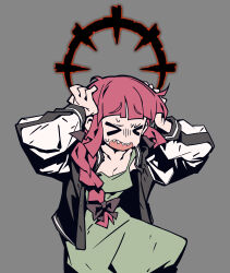 Rule 34 | &gt; &lt;, 1girl, absurdres, affliction (darkest dungeon), black bow, black jacket, blunt bangs, bocchi the rock!, bow, braid, closed eyes, darkest dungeon, dress, flat color, green dress, grey background, hair bow, hair over shoulder, hands on own head, highres, hiroi kikuri, jacket, letterman jacket, long sleeves, multicolored jacket, nervous, open clothes, open jacket, open mouth, purple hair, sharp teeth, simple background, single braid, solo, sweatdrop, teeth, two-tone jacket, upper teeth only, waa153, white jacket