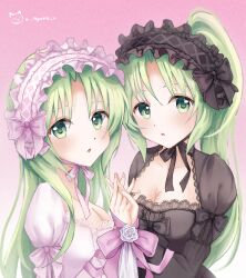 2girls artist_name black_dress black_hairband breasts cleavage dress fingernails green_eyes green_hair hairband highres higurashi_no_naku_koro_ni holding_hands interlocked_fingers lolita_fashion lolita_hairband long_hair long_sleeves looking_at_viewer multiple_girls nyako_(x_nyako_x) parted_lips pink_background pink_dress pink_hairband ponytail puffy_sleeves siblings sisters sonozaki_mion sonozaki_shion twins upper_body