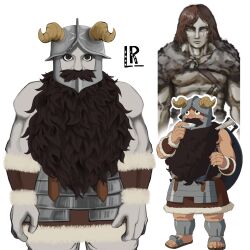 armor beard brown_hair cowboy_shot derivative_work dungeon_meshi dwarf facial_hair fake_horns fear_&amp;_hunger fear_&amp;_hunger_(series) fear_&amp;_hunger_1 helmet highres holding holding_ladle horned_helmet horns ladle leather_armor lemon_rinds long_beard long_hair looking_at_viewer male_focus muscular muscular_male official_art_inset pale_skin photo-referenced plate_armor ragnvaldr_(fear_&amp;_hunger) red_hair reference_inset scar scar_across_eye scar_on_face senshi_(dungeon_meshi) simple_background standing very_long_beard watermark white_background