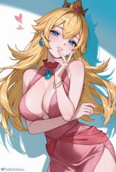 1girl arm_under_breasts bare_shoulders blonde_hair blue_eyes blush breasts cleavage collarbone commentary crown dress earrings fingernails gem hair_between_eyes hand_up head_tilt heart helloimtea highres jewelry large_breasts long_hair looking_at_viewer mario_(series) nintendo parted_lips pink_dress princess_peach red_gemstone solo twitter_logo twitter_username very_long_hair