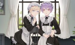 2boys alternate_costume bare_shoulders blonde-haired_boy_(sunaba_(nczd5875)) blonde_hair blue_eyes chair clothes_lift collarbone crossdressing crossdressing_(mtf) curtains enmaided finger_to_mouth garter_belt highres implied_yaoi looking_at_viewer maid maid_headdress male_focus mary_janes multiple_boys open_mouth orange_eyes original purple_hair purple_hair_boy_(sunaba_(nczd5875)) seiza shoes sitting skirt skirt_lift smile sunaba_(nczd5875) trap