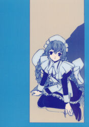 00s 1girl 2002 blue_hair blue_theme braid chobits clamp full_body highres maid official_art postcard_(medium) sitting twin_braids yuzuki_(chobits)