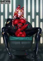 1girl absurdres alien artist_name black_shoes blue_eyes bodysuit breast_cutout breasts chair clothing_cutout colored_skin crotch_cutout dmitrys energy_sword facepaint futanari high_heels highres large_breasts large_penis latex latex_bodysuit lightsaber looking_at_viewer navel_cutout neeress_vel nipples open_mouth patreon_username penis red_skin shoes sitting solo spread_legs star_wars sword testicles togruta tongue tongue_out veins veiny_penis watermark weapon web_address