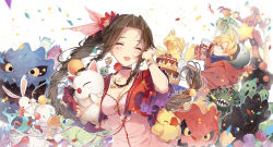 1boy 1girl :d ^_^ aerith_gainsborough birthday_cake blush bomb_(final_fantasy) breasts brown_hair cake chocobo choker cleavage cloak closed_eyes cloud_strife confetti cosplay cropped_jacket dress final_fantasy final_fantasy_vii food gift hair_intakes happy_birthday highres jacket kieta long_hair malboro md5_mismatch medium_breasts moogle open_clothes open_jacket open_mouth pink_dress rabbit resolution_mismatch sabotender smile source_larger tonberry tonberry_(cosplay) twintails upper_body