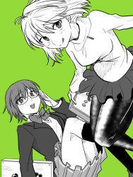 2girls :p adjusting_eyewear ahoge arcade_stick arcueid_brunestud blush bow ciel_(tsukihime) controller floating_clothes floating_hair game_controller glasses jewelry joystick kneehighs looking_at_viewer melty_blood melty_blood:_type_lumina metarogu monochrome multiple_girls necklace pantyhose school_uniform short_hair skirt smile socks souya_high_school_uniform sweater thighs tongue tongue_out tsukihime tsukihime_(remake) turtleneck turtleneck_sweater
