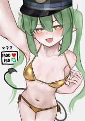 1girl absurdres areola_slip bikini blue_archive breasts commentary demon_tail fang gold_bikini green_hair hair_between_eyes highres long_hair navel nozomi_(blue_archive) open_mouth pointy_ears skin_fang small_breasts solo stomach swimsuit symbol-only_commentary tail twintails wawamachi yellow_eyes