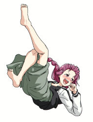 Rule 34 | 1girl, :d, barefoot, black jacket, black nails, bocchi the rock!, dress, elbow drop, fighting game, fingernails, full body, green dress, hiroi kikuri, jacket, long hair, long sleeves, low-braided long hair, low-tied long hair, medium dress, multicolored jacket, nail polish, open clothes, open jacket, open mouth, pink eyes, pink hair, rainbow mika, simple background, smile, solo, street fighter, torako (toramaru), twitter username, two-tone jacket, v-shaped eyebrows, watermark, white background, white jacket