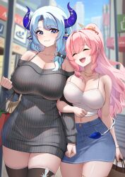 2girls absurdres animal_ears arm_hug bag black_bow blue_eyes blue_hair bow breasts building closed_eyes closed_mouth collarbone cow_ears cow_girl cow_horns cow_tail denim denim_skirt dress gold_necklace grey_dress hair_bow hair_ornament highres horn_ornament horns huge_breasts indie_virtual_youtuber jewelry large_breasts miilkywayz mole mole_on_breast mole_under_mouth multiple_girls navel necklace okayusonmu olivia_monroe open_mouth pink_hair ponytail ribbed_dress second-party_source shopping_bag short_dress skirt sparkling_eyes tail teeth thick_thighs thighhighs thighs upper_teeth_only virtual_youtuber