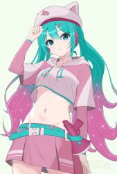 1girl absurdres animal_ear_headwear aqua_belt aqua_hair blue_eyes breasts commentary cropped_sweater diamond_(shape) fake_animal_ears fingernails fortnite futatunoniji gradient_hair hatsune_miku headset highres logo long_hair long_sleeves looking_at_viewer megaphone midriff multicolored_hair navel neko_hatsune_miku pink_hair pink_nails pink_skirt pink_sleeves pink_sweater simple_background skirt solo sparkle stomach sweater translation_request underboob vocaloid white_background