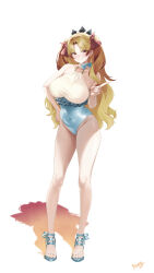1girl absurdres bare_shoulders blonde_hair blue_one-piece_swimsuit blush breasts closed_mouth ereshkigal_(fate) fate/grand_order fate_(series) full_body gradient_hair hair_ribbon hand_on_own_hip highres kurozawa_yui large_breasts looking_at_viewer multicolored_hair one-piece_swimsuit parted_bangs red_eyes red_ribbon ribbon simple_background smile solo space_ereshkigal_(fate) standing swimsuit thighs toes white_background
