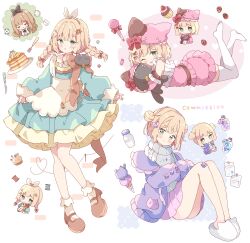 Rule 34 | 1girl, absurdres, animal hat, apron, blonde hair, blue dress, blush, borrowed character, bottle, bow, braid, brown shoes, cardigan, cat hat, chibi, closed mouth, commentary request, commission, cupcake, dress, food, fork, frilled dress, frills, full body, green eyes, grey sweater, hair bow, hat, hat bow, highres, holding, holding stuffed toy, ice cream, knife, long sleeves, looking at viewer, mary janes, microphone, milk bottle, multiple scoops, multiple views, one eye closed, open cardigan, open clothes, open mouth, original, pancake, pink hat, pink skirt, plate, pleated skirt, purple cardigan, red bow, shoes, short hair, sitting, skeb commission, skirt, slippers, smile, socks, standing, stuffed animal, stuffed cat, stuffed toy, sweater, thighhighs, tsukiyo (skymint), twin braids, white apron, white slippers, white socks, white thighhighs