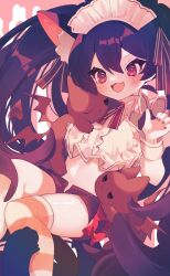 Rule 34 | 1girl, animal ear fluff, animal ears, black hair, black ribbon, bow, brown shorts, cat ears, center frills, commentary, double-parted bangs, fangs, frills, hair between eyes, hair ribbon, hand up, highres, long hair, maid headdress, navel, open fly, open mouth, original, ozureiji, red bow, red nails, ribbon, shirt, shorts, skin fangs, smile, solo, symbol-only commentary, thighhighs, tsurime, twintails, very long hair, white shirt, white thighhighs, winged cat