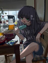 1girl black_hair black_shirt food green_eyes hair_ornament highres holding holding_food indoors long_hair monitor original popsicle shirt shorts sitting solo sweat t-shirt twitter_username wanigumo