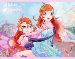 2girls ahoge alternate_costume annoyed aqua_eyes bad_id bad_twitter_id bare_shoulders bloom_(winx_club) blue_dress blue_sky blue_wings border bottle braid chocofish clenched_teeth cloud collared_dress commentary cowboy_shot crown_braid dark_bloom_(winx_club) day derivative_work dress dual_persona earrings elbow_gloves enchantix english_commentary eyelashes fairy fairy_wings frilled_dress frills glitter gloves hair_ornament hands_on_another&#039;s_back hands_on_another&#039;s_shoulders heart heart_earrings heart_hair_ornament heart_necklace high_collar instagram_username jewelry leg_lock letterboxed light_particles lipstick long_hair looking_ahead magical_girl makeup multicolored_hair multiple_girls necklace open_mouth orange_hair outdoors pink_border pink_gloves pink_lips purple_dress purple_gloves purple_wings scared screenshot_redraw short_dress sky sparkle streaked_hair teeth tree turn_pale twitter_username upper_teeth_only v-shaped_eyebrows watermark wings winx_club