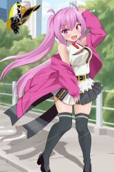 Rule 34 | 1girl, beatmania iidx, beatmania iidx 31 epolis, belt, bemani, black belt, black footwear, black skirt, black thighhighs, blue sky, blush, breasts, building, city, cleavage cutout, clothing cutout, cloud, commentary request, day, fingernails, full body, hat, hat loss, high heels, highres, jacket, jacket partially removed, long hair, looking at viewer, medium breasts, miniskirt, mizushiro celica, open mouth, outdoors, peaked cap, pigeon-toed, pink eyes, pink hair, pink jacket, pink nails, pleated skirt, raimu (clanberry000), shirt, skindentation, skirt, sky, skyscraper, sleeveless, sleeveless shirt, solo, thighhighs, tree, twintails, very long hair, white shirt, wind, zipper