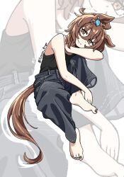 1girl agnes_tachyon_(umamusume) ahoge animal_ears artist_name barefoot black_nails black_tank_top brown_hair chemical_structure closed_mouth denim earrings grey_pants haihara_yuuya hair_between_eyes hand_on_own_shoulder head_rest highres horse_ears horse_girl horse_tail jeans jewelry leaning_to_the_side looking_at_viewer nail_polish pants red_eyes shirt_tucked_in short_hair single_earring smile solo tail tank_top twitter_username umamusume