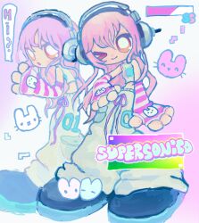 Rule 34 | absurdres, animal print, character name, detached sleeves, english text, gradient background, hand on own hip, headphones, highres, http oopsy, long hair, midriff, multiple views, nitroplus, one eye closed, orange eyes, pink hair, rabbit, rabbit print, speech bubble, striped sleeves, super sonico, tetromino