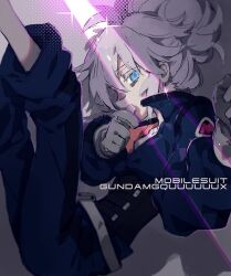 1girl black_corset blue_eyes colored_eyelashes commentary copyright_name corset deux_murasame freckles grey_background grey_hair gundam gundam_gquuuuuux hair_bun highres kuromagnon legs_up looking_at_viewer mecha_pilot_suit sitting solo updo white_eyelashes
