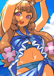 1girl :d absurdres animal_ear_fluff animal_ears arms_up ball bikini blue_bikini blue_sarong blue_sky blunt_bangs breasts brown_hair cloud cloudy_sky commentary_request day dutch_angle eyelashes flower hair_flower hair_ornament highres holding holding_ball long_hair looking_at_viewer medium_breasts navel ocean official_alternate_costume open_mouth outdoors partial_commentary pink_eyes raccoon_ears raccoon_girl raphtalia rinx sarong sky smile solo standing stomach swimsuit tate_no_yuusha_no_nariagari teeth upper_teeth_only