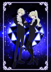 1boy 1girl ascot black_jacket blonde_hair blue_eyes boots commentary crossed_arms full_body genderswap genderswap_(mtf) hashtag-only_commentary heart high_heel_boots high_heels highres instagram_username jacket looking_at_viewer pierre_tempete_de_neige ponytail short_hair smile sparkle sugar_sugar_rune symbol-only_commentary thigh_boots twitter_username white_ascot yuzikoz_mega