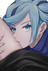 2boys aqua_eyes aqua_hair blue_scarf commentary_request eyelashes grusha_(pokemon) hand_up highres kiss looking_at_viewer male_focus min_(myna8247) multiple_boys nintendo pokemon pokemon_sv scarf signature simple_background striped_clothes striped_scarf white_background yaoi
