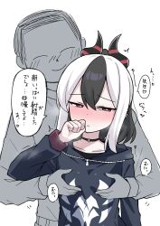 1boy 1girl absurdres black_choker black_hair black_hoodie black_horns blue_archive blush choker doodle_sensei_(blue_archive) grabbing_another&#039;s_breast grabbing_from_behind groping hair_between_eyes half-closed_eyes hetero highres hood hoodie horns kayoko_(blue_archive) long_sleeves multicolored_hair nyanzai-sensei red_eyes sensei_(blue_archive) simple_background solo_focus speech_bubble translation_request two-tone_hair white_background white_hair