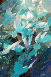 1boy absurdres aqua_eyes aqua_theme bird black_necktie black_suit covered_face covered_mouth disintegration dove formal_clothes highres male_focus necktie original pill solo straight-on suit sunlight swept_bangs white_hair xiaoquandianer