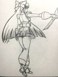Rule 34 | 1girl, ainu clothes, ass, breasts, expressionless, fingerless gloves, gloves, hair ribbon, highres, large breasts, legs, looking at viewer, monochrome, nakoruru, pants, ribbon, samurai spirits, sideboob, sketch, snk, solo, the king of fighters, thighs, traditional media, weapon