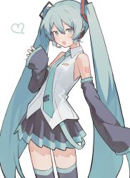 1girl absurdres aqua_eyes aqua_hair aqua_necktie aqua_trim arm_tattoo bare_shoulders black_boots black_skirt black_sleeves blush boots breast_pocket breasts collared_shirt cowboy_shot detached_sleeves hair_between_eyes hair_ornament hand_up hashtag-only_commentary hatsune_miku headset heart highres long_hair looking_at_viewer microphone necktie number_tattoo open_mouth pleated_skirt pocket shiratakiseaice shirt sidelocks simple_background skirt sleeveless sleeveless_shirt sleeves_past_wrists small_breasts solo tattoo thigh_boots thighhighs tie_clip twintails untucked_shirt very_long_hair vocaloid white_background white_shirt wide_sleeves zettai_ryouiki