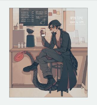 1boy baggy_pants bar_stool black_coat black_hair cafe coat crossed_legs cup disposable_cup english_text full_body highres holding holding_cup indoors lizard_tail long_tail looking_at_viewer male_focus orange-tinted_eyewear original pants pointy_ears red_eyes reptile_boy short_hair shuini_xiaomao sitting slit_pupils solo stool sunglasses tail tinted_eyewear