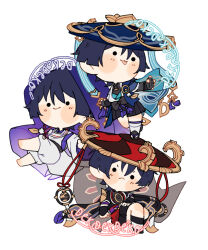 3boys armor artist_name black_bow black_bridal_gauntlets black_hair black_kimono black_leggings black_sandals black_sash black_shorts black_sleeves blue_cape blue_gemstone blue_hat blue_kimono blunt_ends blush_stickers bow bridal_gauntlets cape chibi clenched_hand closed_mouth clothing_cutout feathers frown full_body furisode gem genshin_impact gold gold_trim grey_veil hakama hakama_shorts hand_on_own_thigh hat highres japanese_armor japanese_clothes jingasa juban kariginu kimono kote kurokote layered_sleeves leg_warmers leggings long_sleeves looking_at_viewer looking_up multiple_boys multiple_persona nya_deko o-ring open_clothes open_hand open_kimono outstretched_arms pants pleated_shorts pom_pom_(clothes) purple_kimono purple_sash purple_sleeves purple_veil red_hat red_kimono red_sash sandals sash scaramouche_(genshin_impact) scaramouche_(kabukimono)_(genshin_impact) short_sleeves shorts side_cutout single_sode smile spread_arms string tassel tongue tongue_out v-shaped_eyebrows veil vision_(genshin_impact) wanderer_(genshin_impact) white_background white_kimono white_leg_warmers white_pants white_sleeves wide_sleeves wispy_bangs yellow_feathers zouri