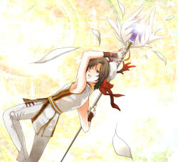 1boy armpits arms_up beret bow brown_eyes brown_hair commentary_request feet_out_of_frame fingerless_gloves gloves hat hat_bow high_wizard_(ragnarok_online) holding holding_staff looking_at_viewer looking_to_the_side male_focus micoto no_cape open_mouth pants ragnarok_online red_bow shirt short_hair sleeveless sleeveless_shirt solo staff white_gloves white_hat white_pants white_shirt yellow_background
